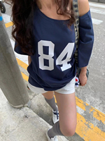 84 Print Loose T-shirt Woman Sexy Slash Neck Short Sleeve Cotton Tee Shirts Female Summer Navy Vintage Streetwear Tshirt Y2k Top