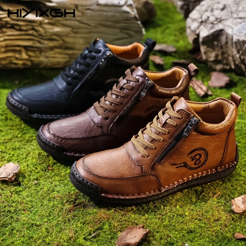 

New Handmade Leather Casual Men Shoes Design Sneakers Outdoor Zipper Breathable Men Flats Shoes Fashion Loafers Men Ankle Boots