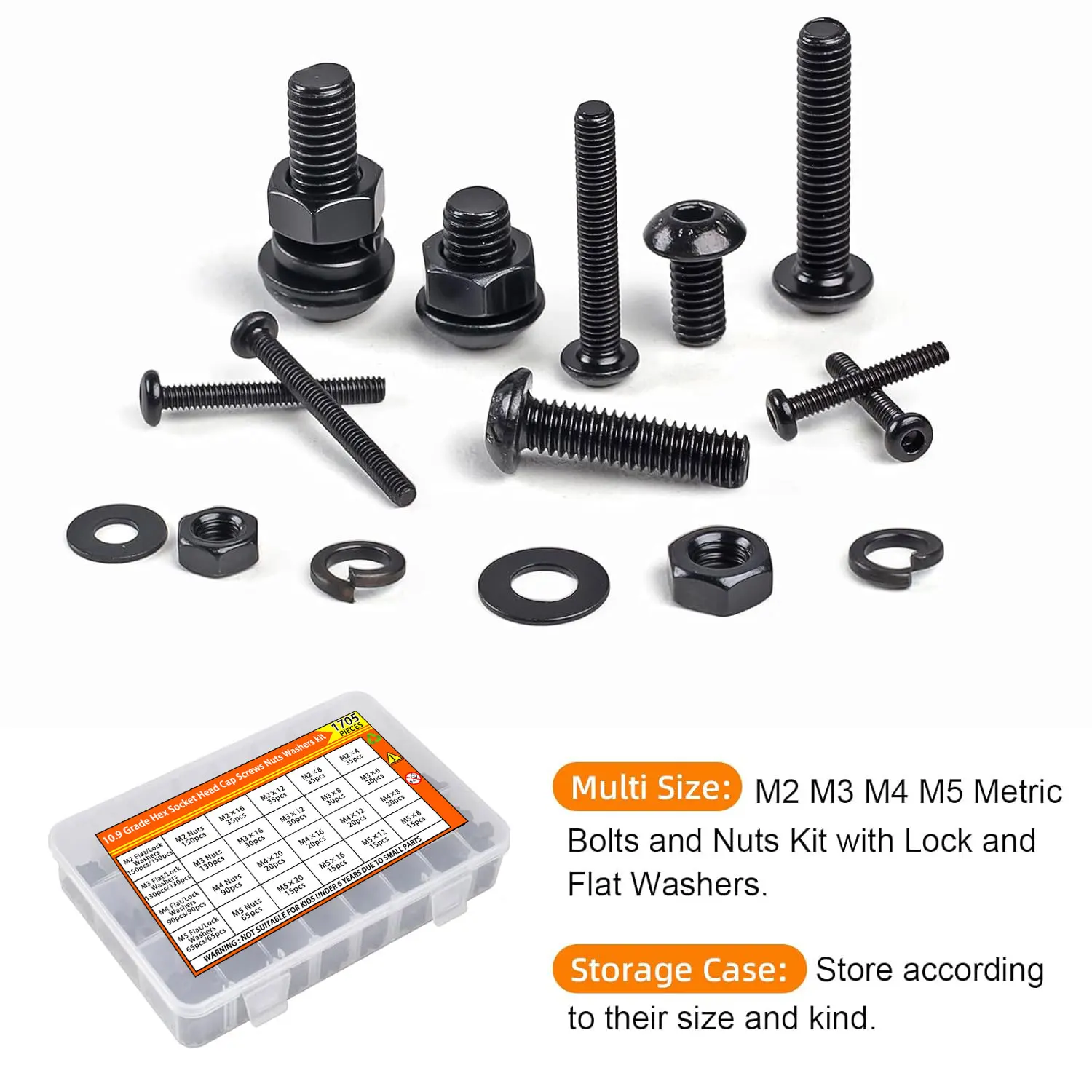 1705PCS Hex Button Head Screw Kit - M2 M3 M4 M5 Bolts Nuts, Lock/Flat Washers, 10.9 Steel, Storage Case for DIY & Repair