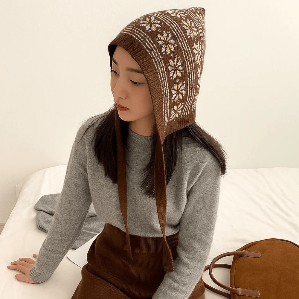 

Elegant Bohemian Turban Knitted Triangle Headscarf Warm Printed Apron Wrap Cummerbund Vintage Hip Scarf Female