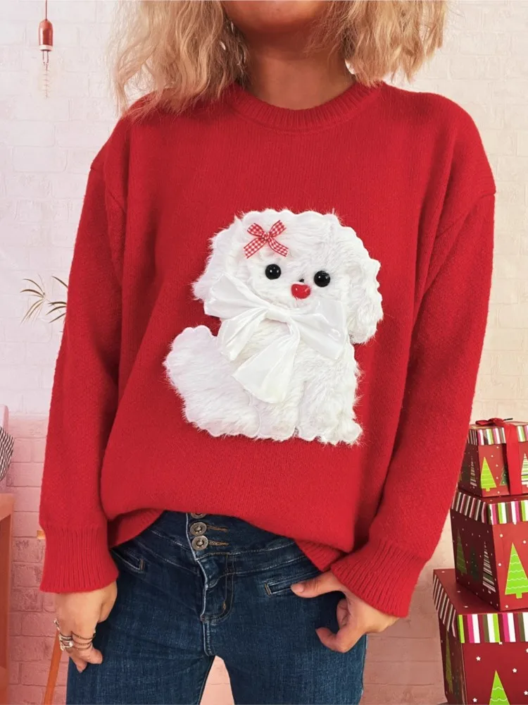 Autumn Winter Stitching Fashion Cartoon Puppy Knitted Top Women's Round Neck Comfortable Casual Sweet Chic Long-sleeved Sweater