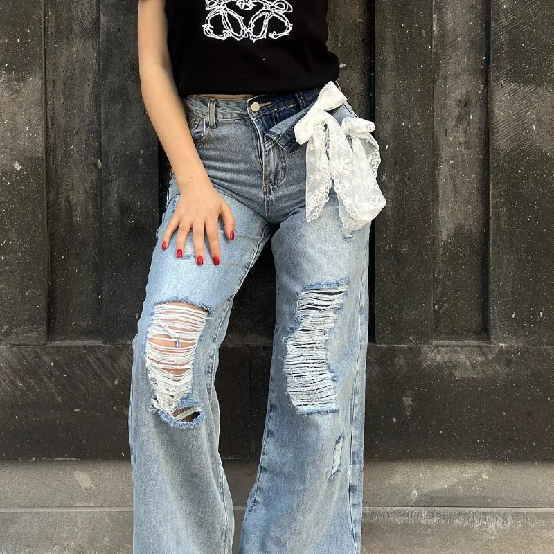 High Waist Tassel Broken Denim Shorts Frayed Hollow Tassel Female Summer Korean Straight Wide Leg Loose Y2K Hip Hop Jean Women