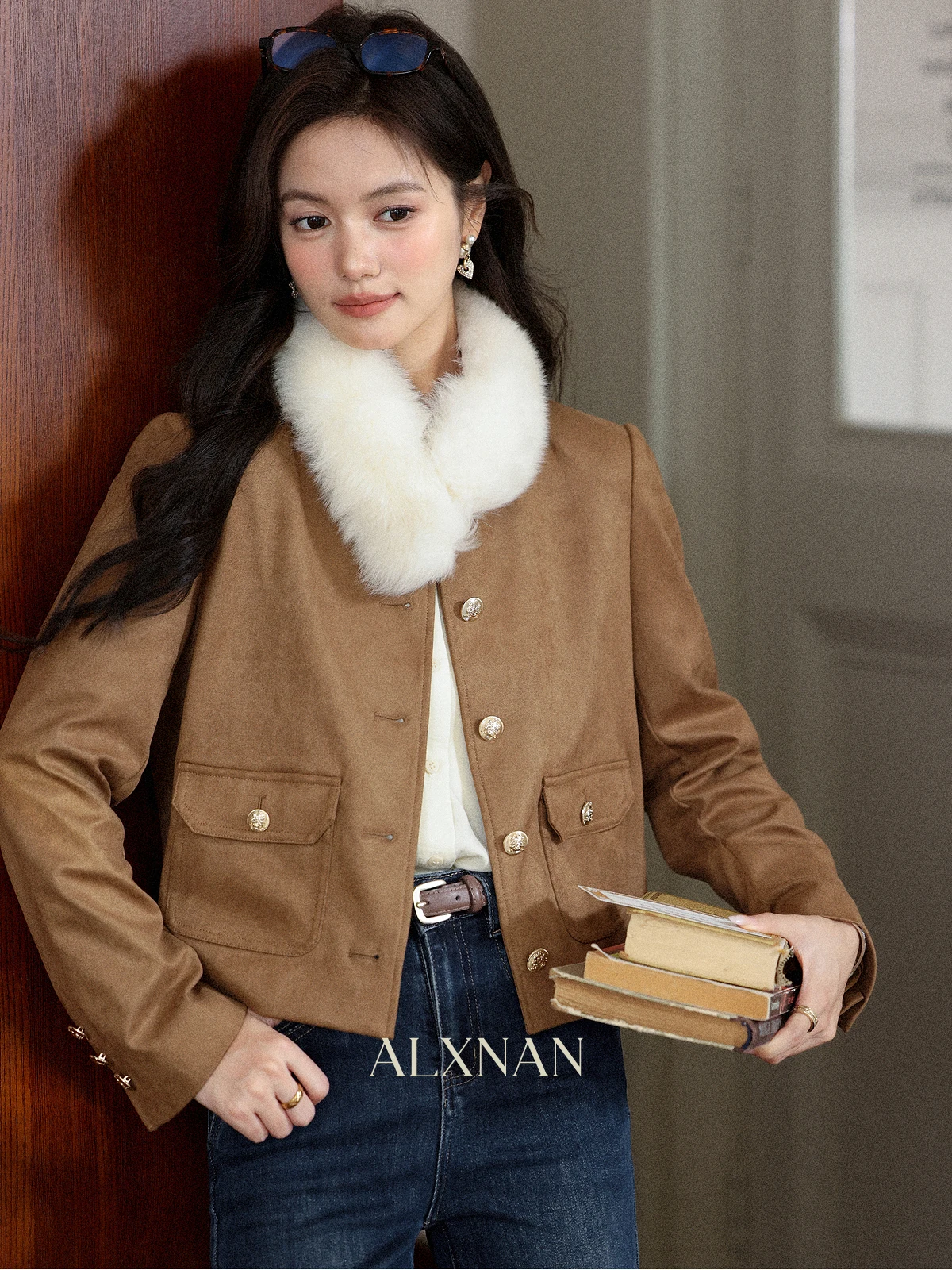 Abrigo de Cuero Marrón Versátil para Mujer, Estilo Informal, Cuello Alto, Ajuste Holgado, Largo, Ropa Exterior para Mujer