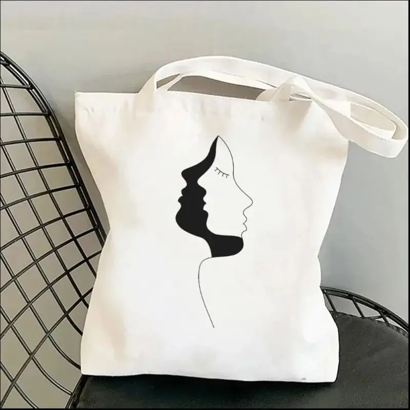 Vintage Face Line Pattern Female Canvas Tote Bag Large Capacity Shopper Shoulder Bags Reusable Casual Shopping Handbag for Women