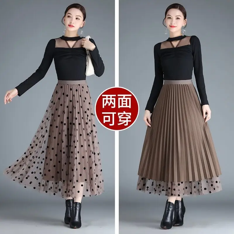 New Polka Dot Mesh Skirt  Women High Waist A Line Long Skirt Two Side Wear Pleated Skirts Print Harajuku Vintage Clothes Fashion