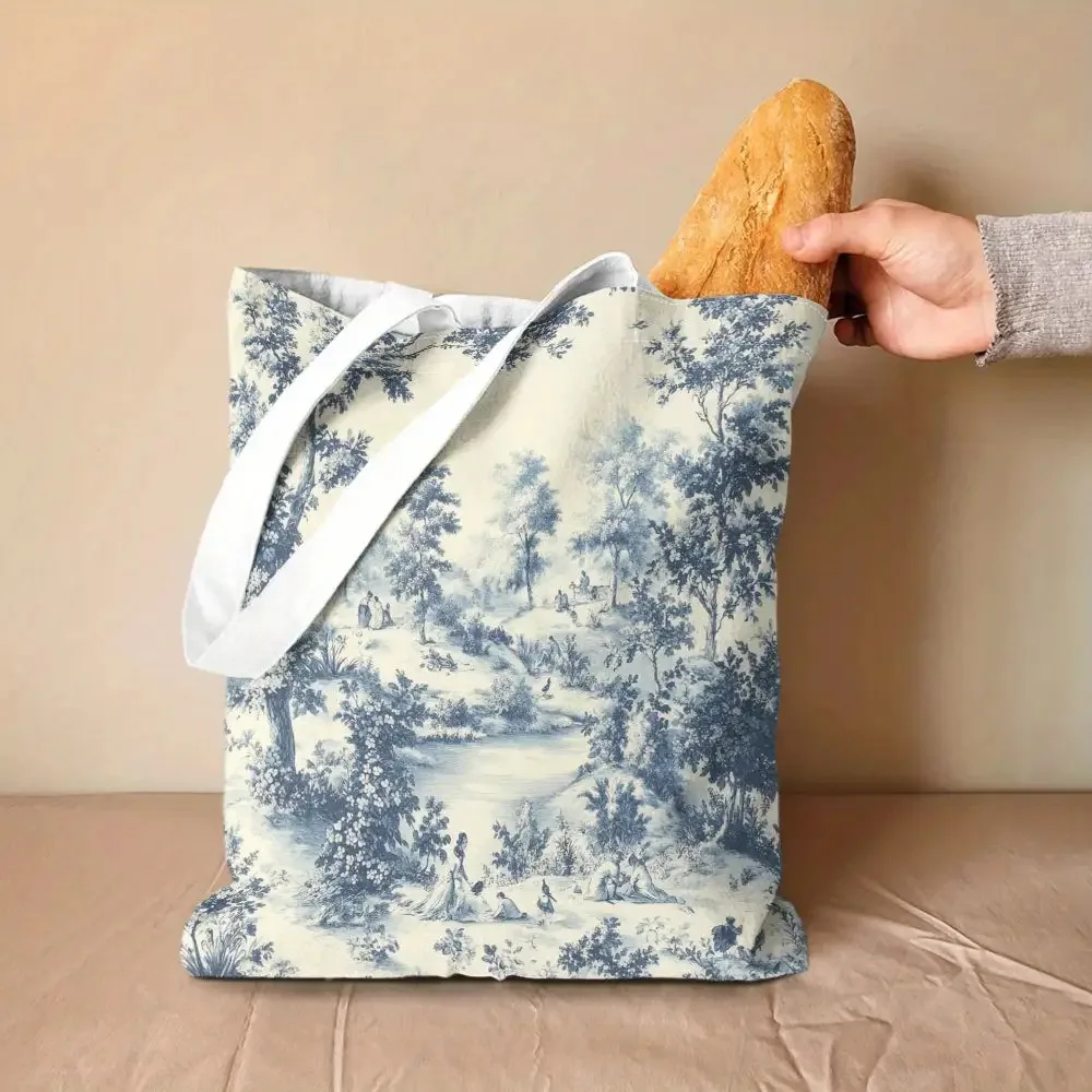Double Sided Print Design Classic Toile De Jouy Tote Bag Elegant Beige Blue Floral Handbag Spacious Lightweight Travel Purse