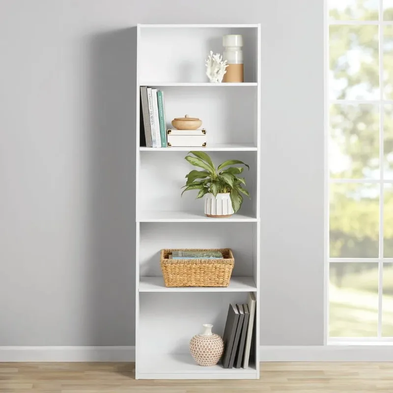 Librería de 5 estantes con estantes ajustables, acabado elegante en blanco macizo