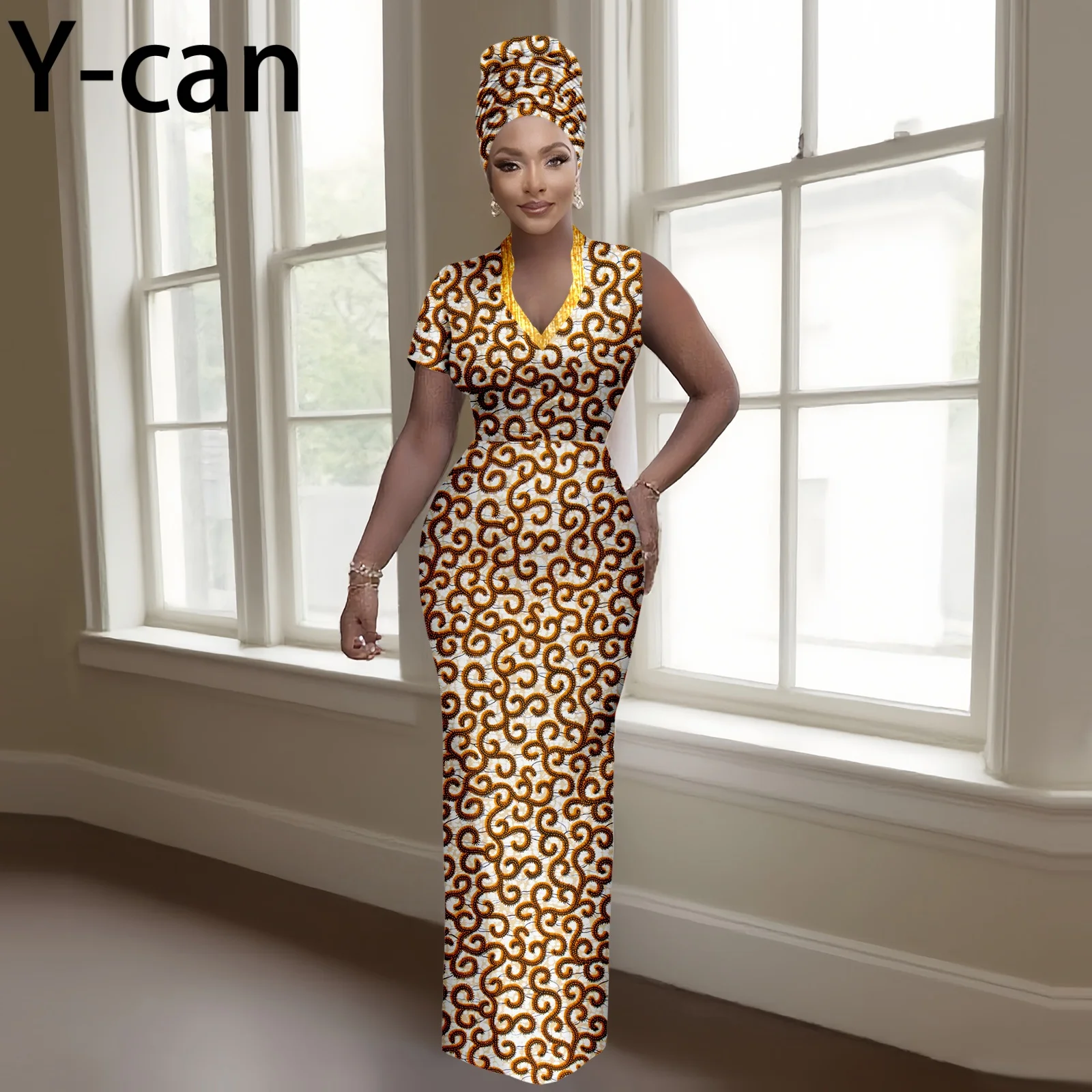 Luxury V-neck Short Sleeve Maxi Dress Dashiki Ankara Wax Print with Headwrap African Style Gown for Women Party Evening - view 4