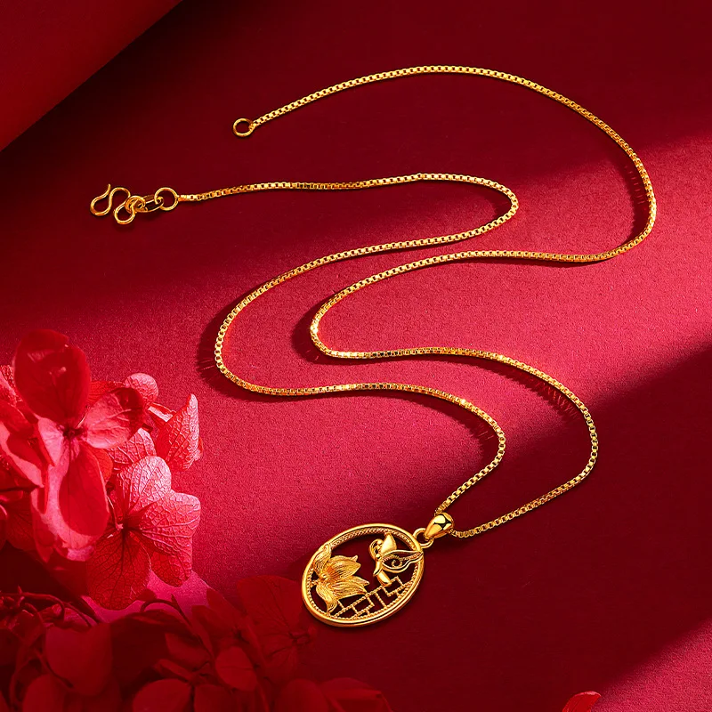 999 real gold antique butterfly hibiscus flower necklace 24K gold women's flower collarbone chain