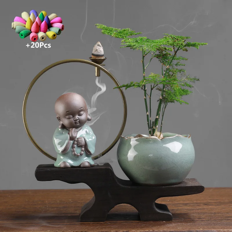 Ceramic Handicraft Chinese Style Backflow Incense Zen The Monk Home office Tea House Decorate Water Planting Vase