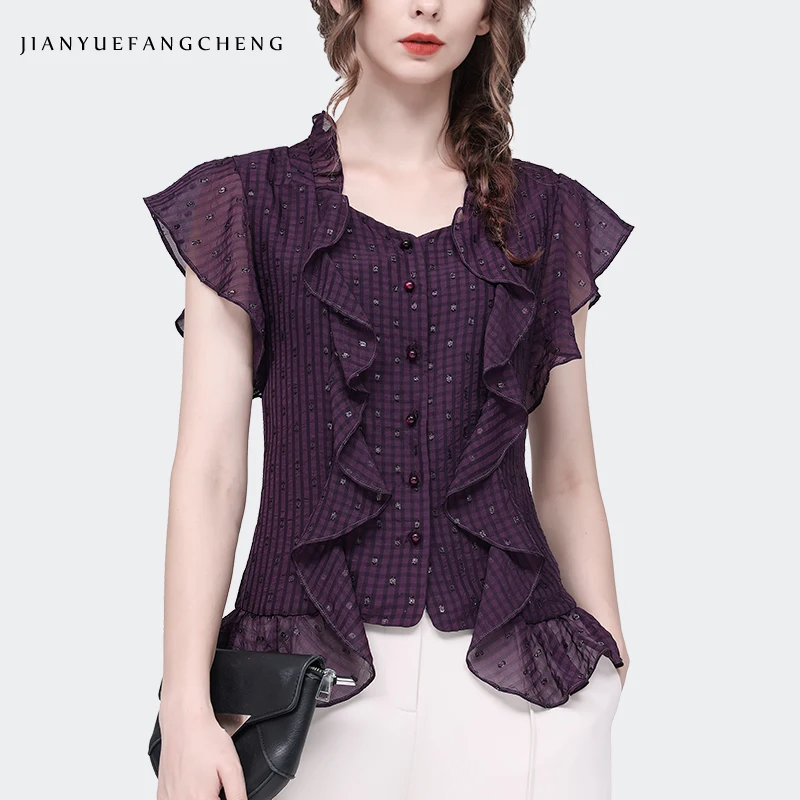 

Fashion Women Short Sleeve Ruffles Chiffon Blouse Short Sleeve Square Neck Purple Plaid Shirt Elegant Slim Vintage Casual Tops