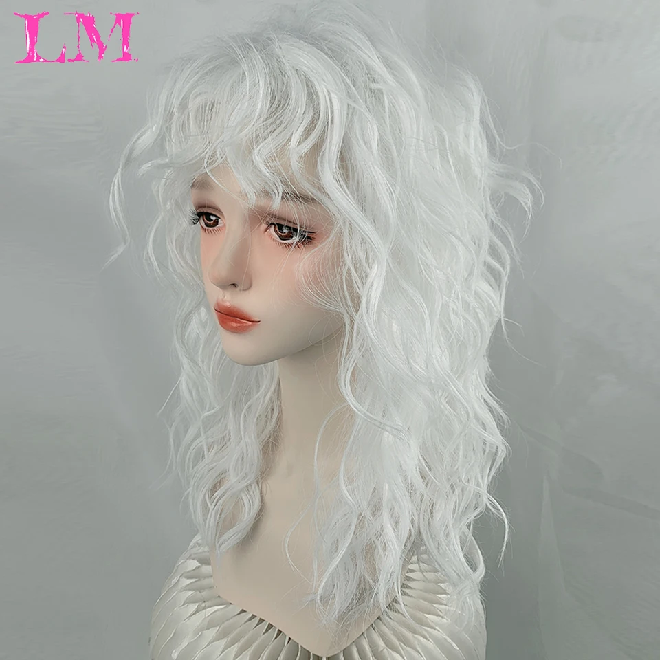 LM Long Water Wave Wig with Bangs White Colorful Cosplay Wig for Women Daily Party Natural Soft Synthetic Hair Heat Resistant