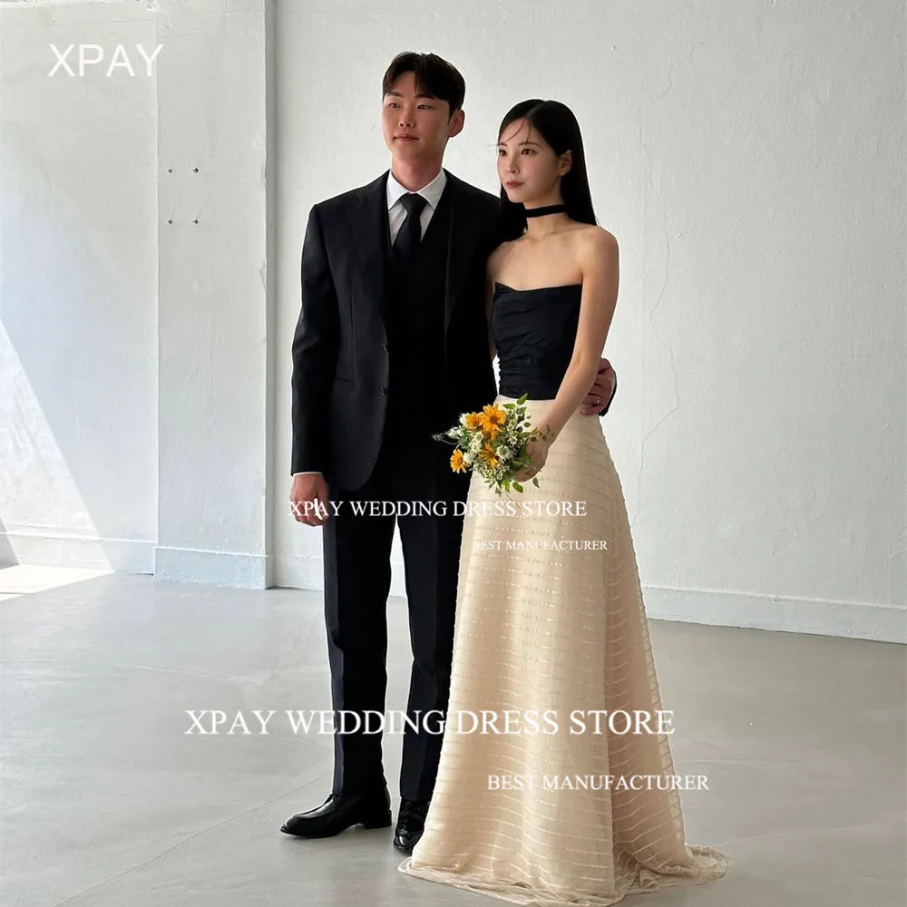 XPAY Modern Black Top Korea Evening Dresses A Line Sequin Lace Sleeveless Formal Prom Gown Customised Fairy Wedding Party Dress