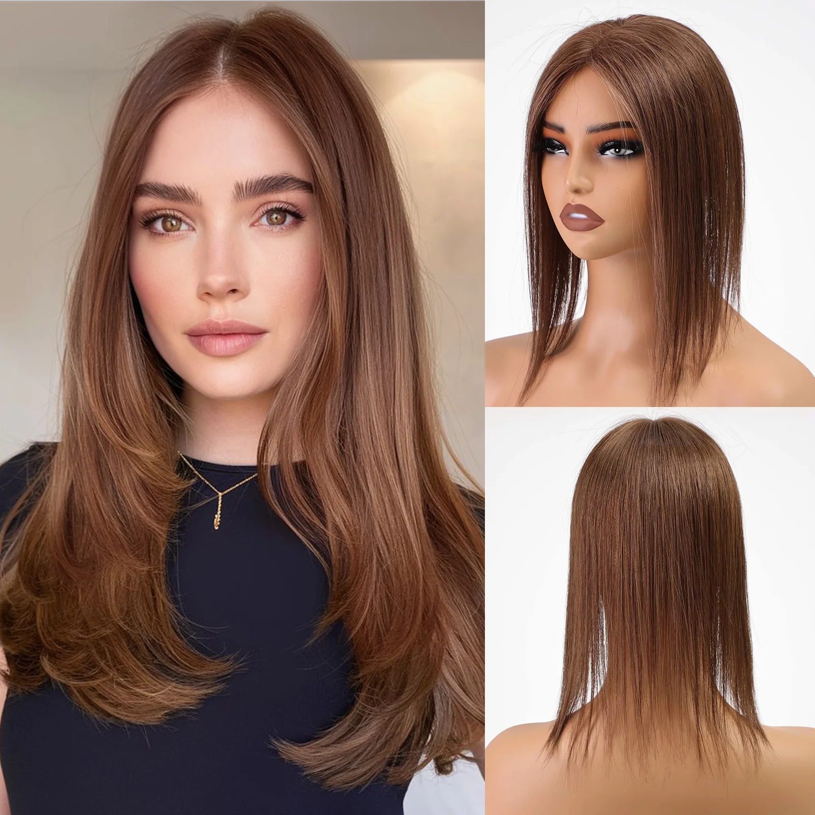 100% Human Hair Toppers Brown Hairpieces Middle Part Women Hair Topper with Lace Base Clip in Hair Extensions Natural