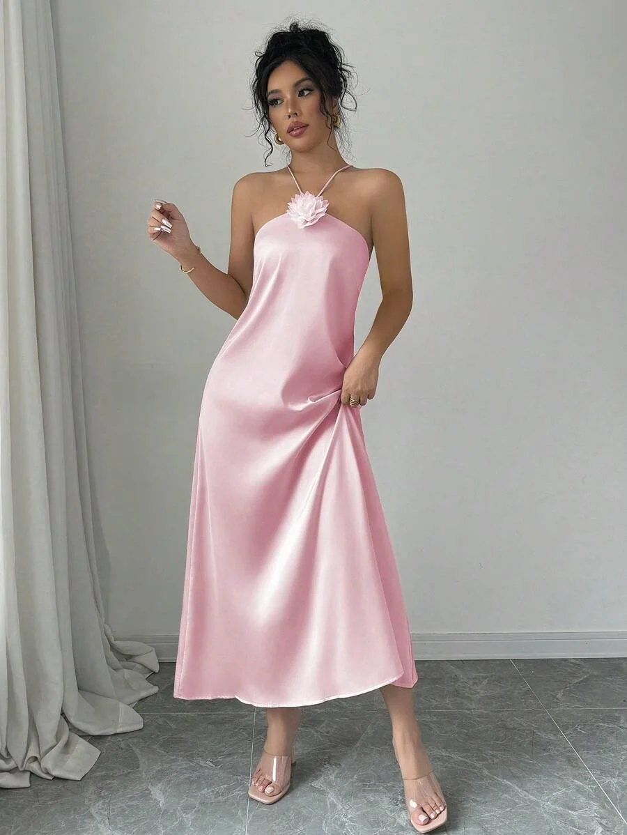 Damen 3D-Blumen Neckholder Rückenfreies Satin-Maxikleid Elegantes Rosa Slip-Kleid Langes Kleid für Hochzeitsgäste Abendparty Urlaub Midi-Kleid – Detail 8