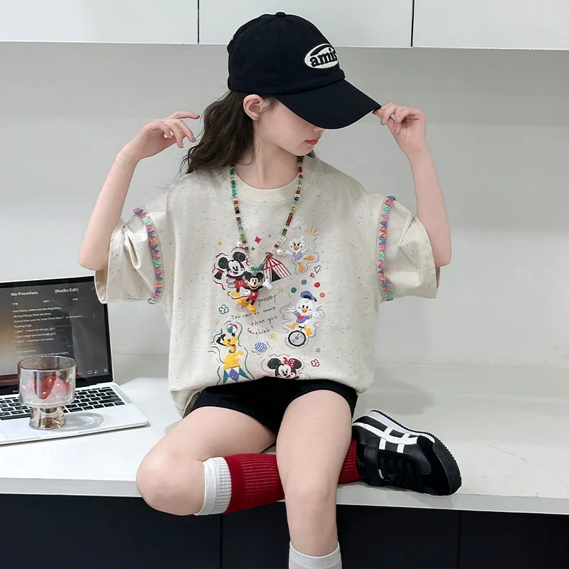 

Kawaii Disney Girls Summer Short Sleeve T-Shirt Polo Shirt Set with Color Block Sleeves Casual Style Children's Clothing Gifts