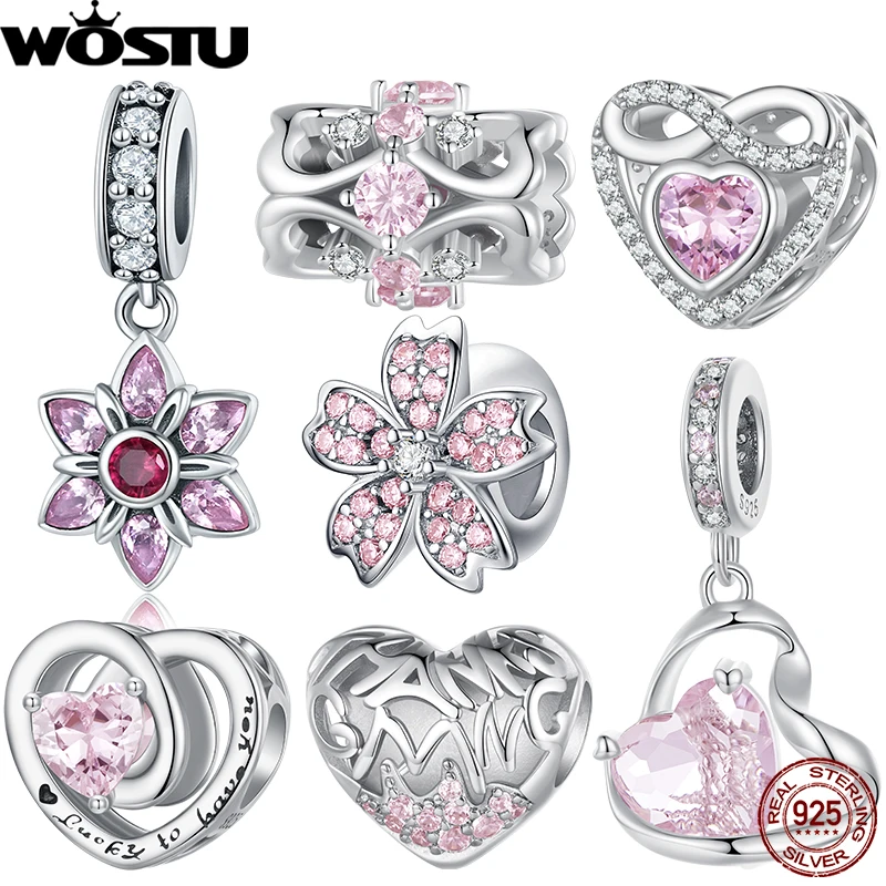 WOSTU 925 Sterling Silver Thanksgiving Twisted Heart Charm Pink Zircon Ribbon Pendant Fit Original Bracelet DIY Fine Jewelry