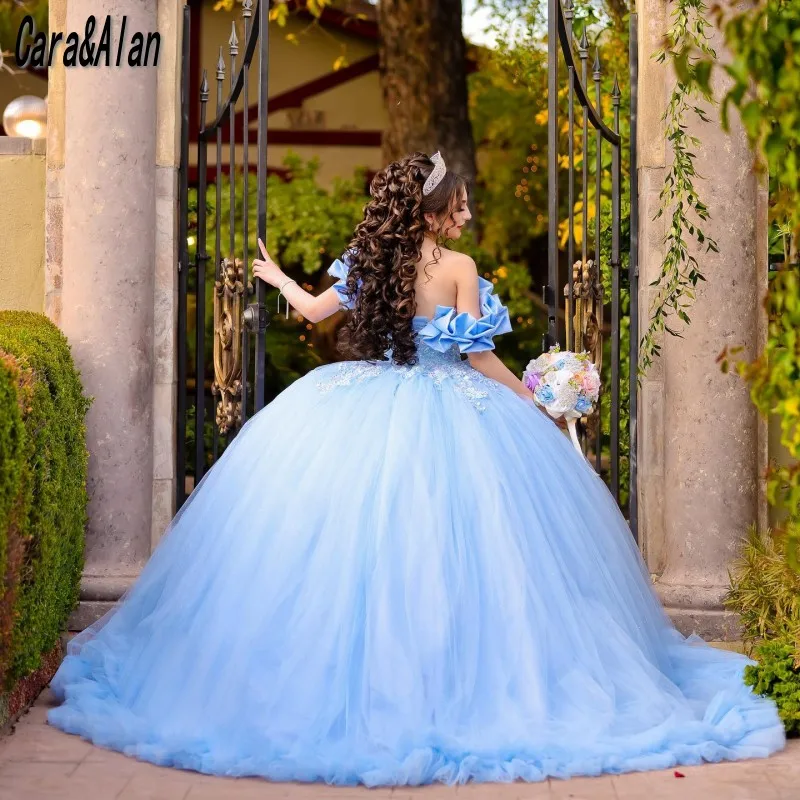 فساتين Quinceanera باللون الأزرق السماوي بأكمام قصيرة الأميرة Vestidos De 15 Años مزينة بالترتر فساتين عيد ميلاد الفتيات المكسيكي