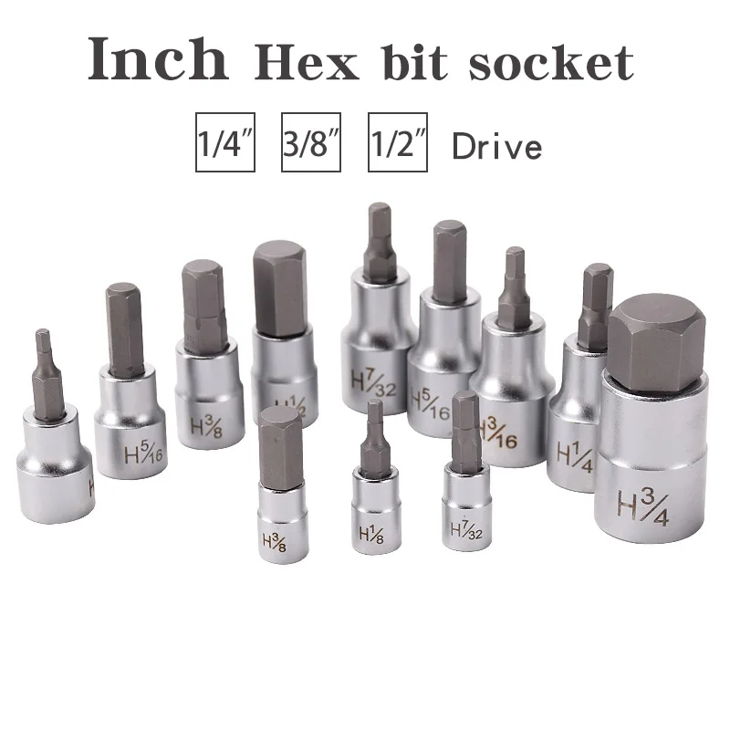

Набор шестигранных бит-головок (имперская система) 1/4”, 3/8”, 1/2” для ручных инструментов, прочные, износостойкие, различные спецификации