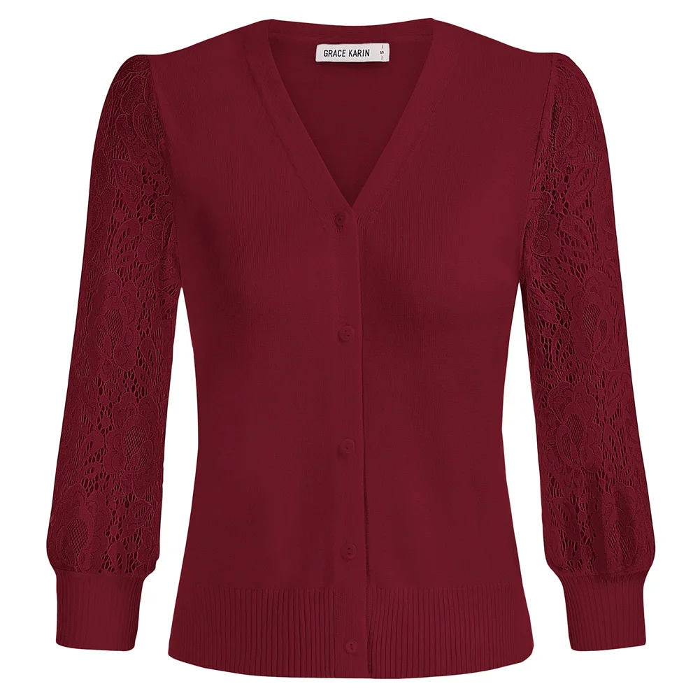 

GK Women Lace Patchwork Cardigan Sweater 3/4 Sleeve V-Neck Button-up Knitwear