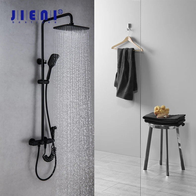 

JIENI Matte Black Bathroom Shower Set Rainfall Thermostatic 4-ways Bath Shower Faucet Sets Lavatory Luxury Shower Systerm
