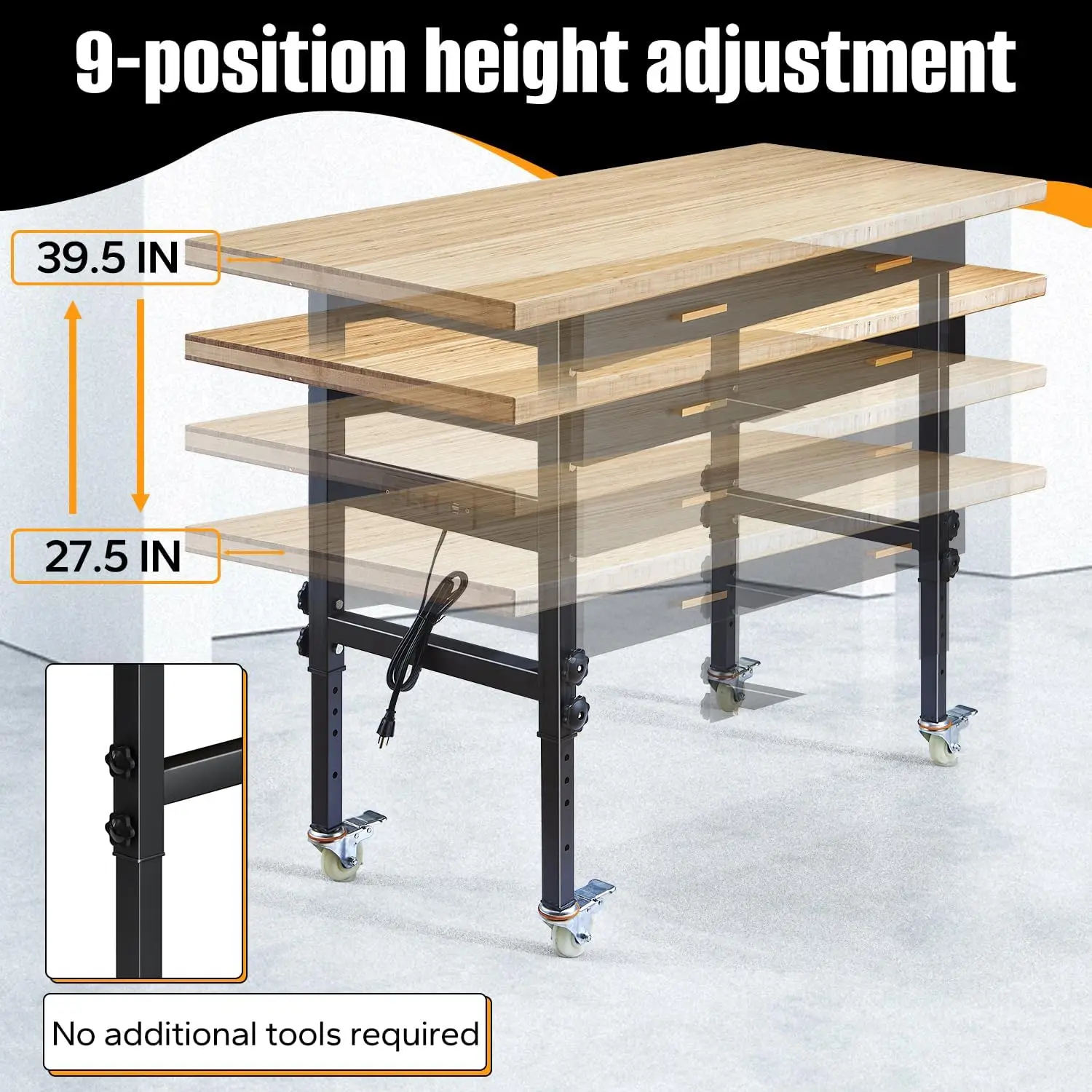60" Adjustable Work Bench with Drawer Storage, Power Outlet, and Wheels - Heavy Duty Work Table for Home, Garage, and Office