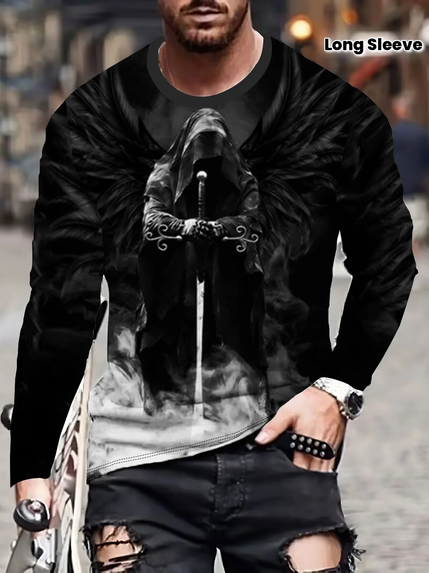 

Мужская футболка с 3D принтом Gothic Warrior Essential 2025 с крыльями и мечом, темная тема, комфортная футболка с круглым вырезом ​