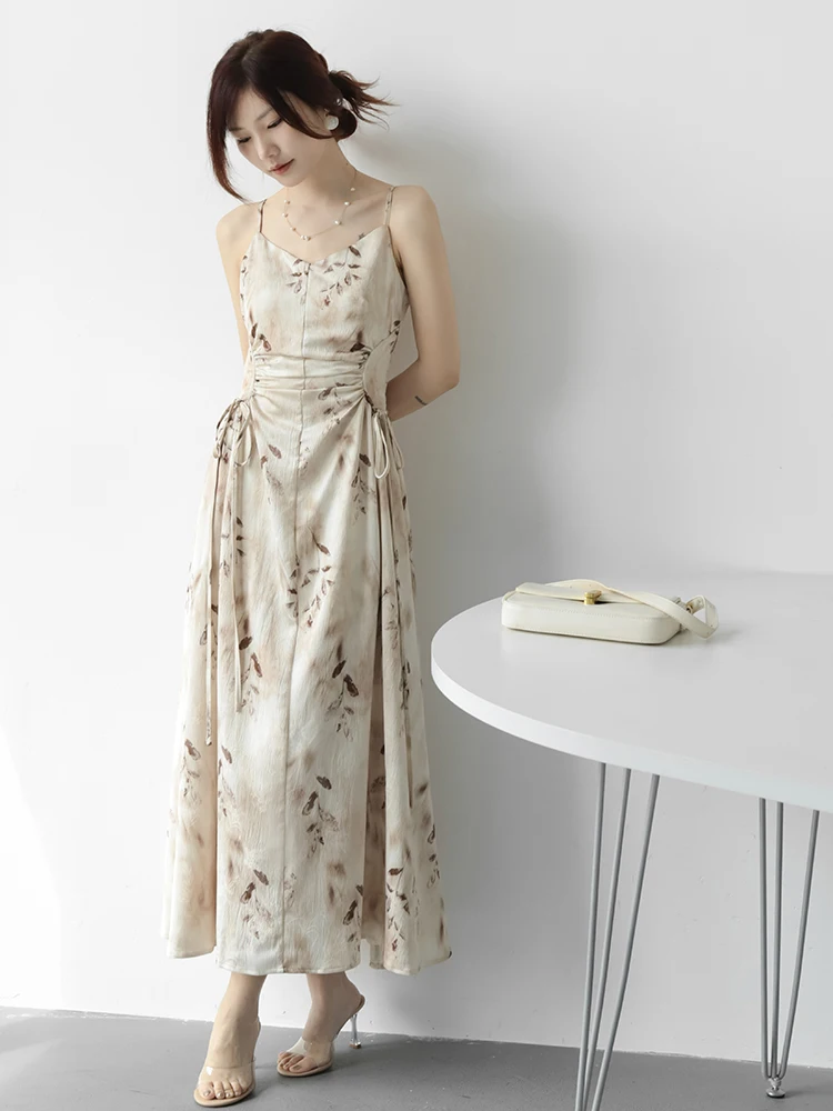 

Ele High Waist Long Midi Dr Women's New Chinese Sle Slim Fit Strapl Gown Beautiful V-Ne A-Line Polyester Dr