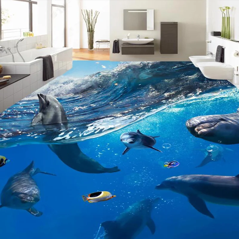 Cartoon Dolphins 3D Floor Painting Mural Wallpaper Bathroom Kids Bedroom PVC Self-Adhesive Waterproof Floor Wallpaper 3 D