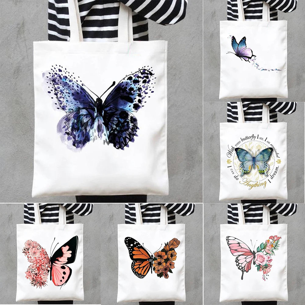 

Женская холщовая сумка-тоут с бабочкой и цветочным принтом, модная повседневная сумка на плечо большой вместимости для любителей природы, путешествий, поездок на работу