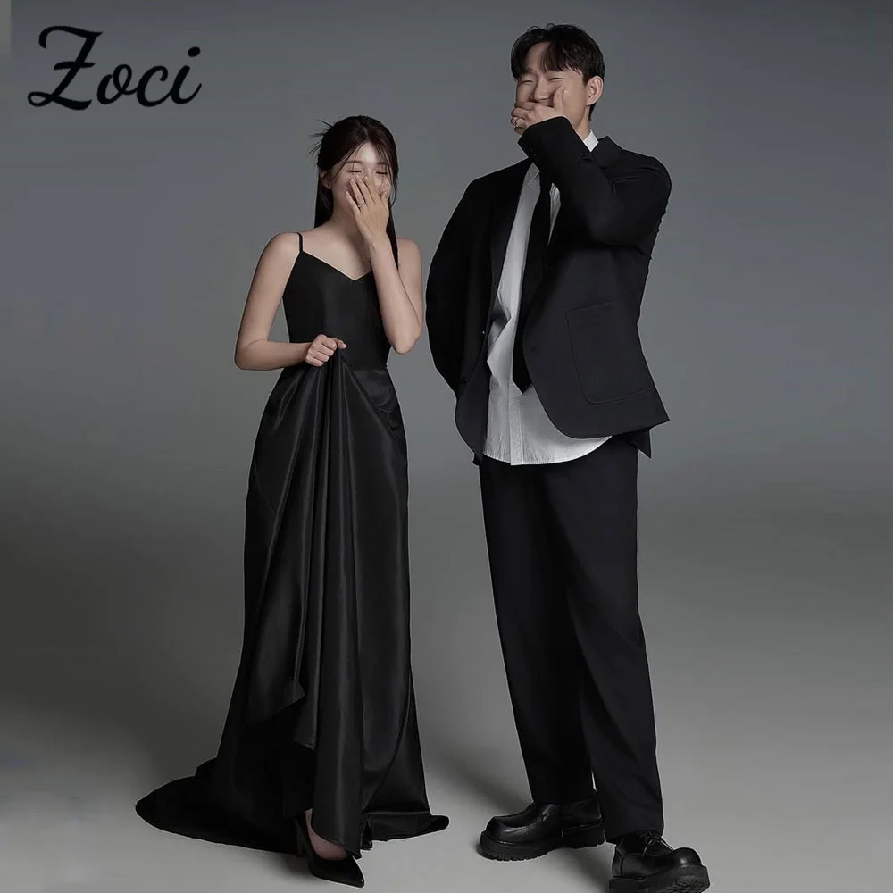 

Zoci Sexy V Neck Korea Evening Dresses Spaghetti Straps Black Wedding Party Dress Photos Shoot Customized Bride Second Gown