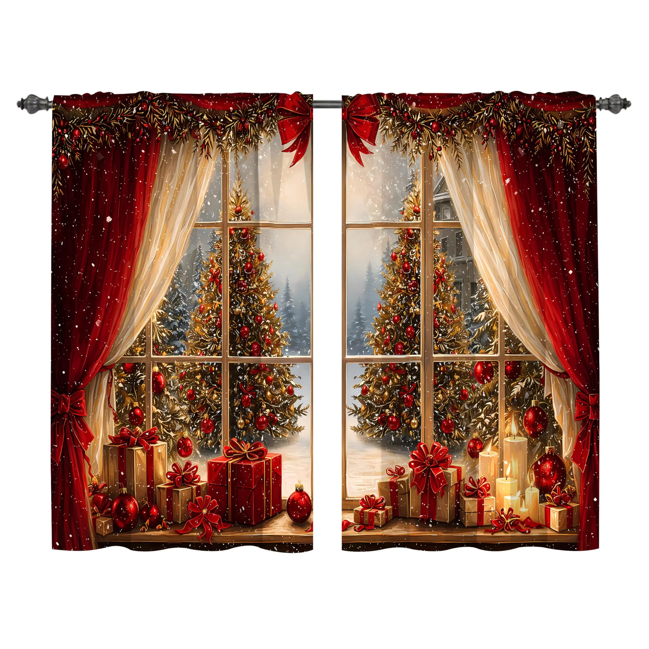 2 Panels Christmas Kitchen Curtain Cafe Tiers Curtain Rod Pocket for Window Kitchen Farmhouse Bathroom Home Decor