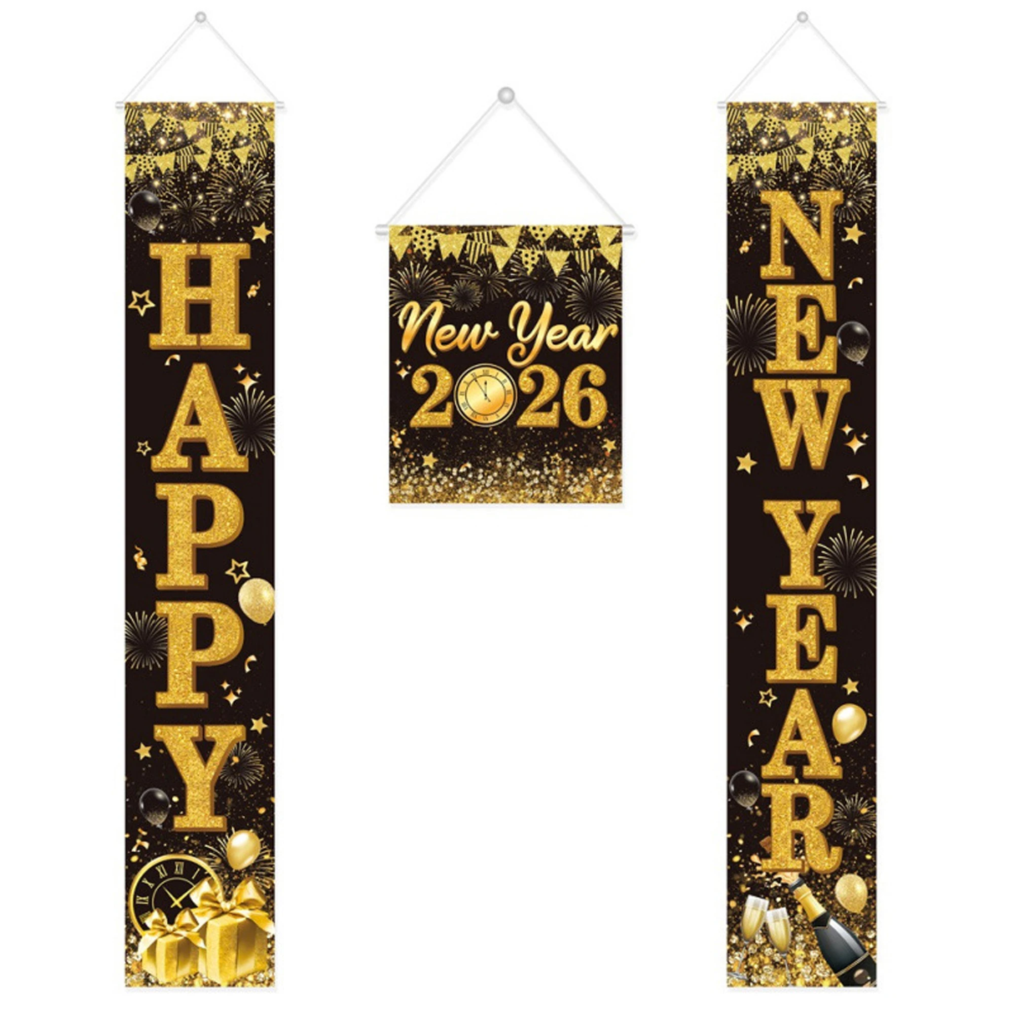 2026 زينة السنة الجديدة الذهب الأسود سنة جديدة سعيدة لافتة الباب ديكور معلق لقضاء عطلة حفلة احتفال المنزل احتفالي #3