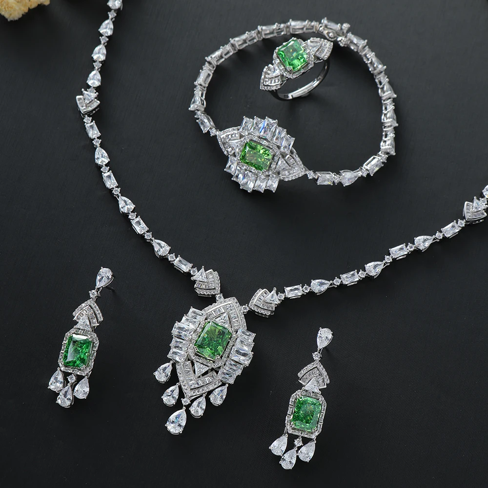 Luxury Waterdrop Square Cubic Zircon Engagement Dubai Naija Bridal Necklace Earrings Jewelry Set  official-website S536