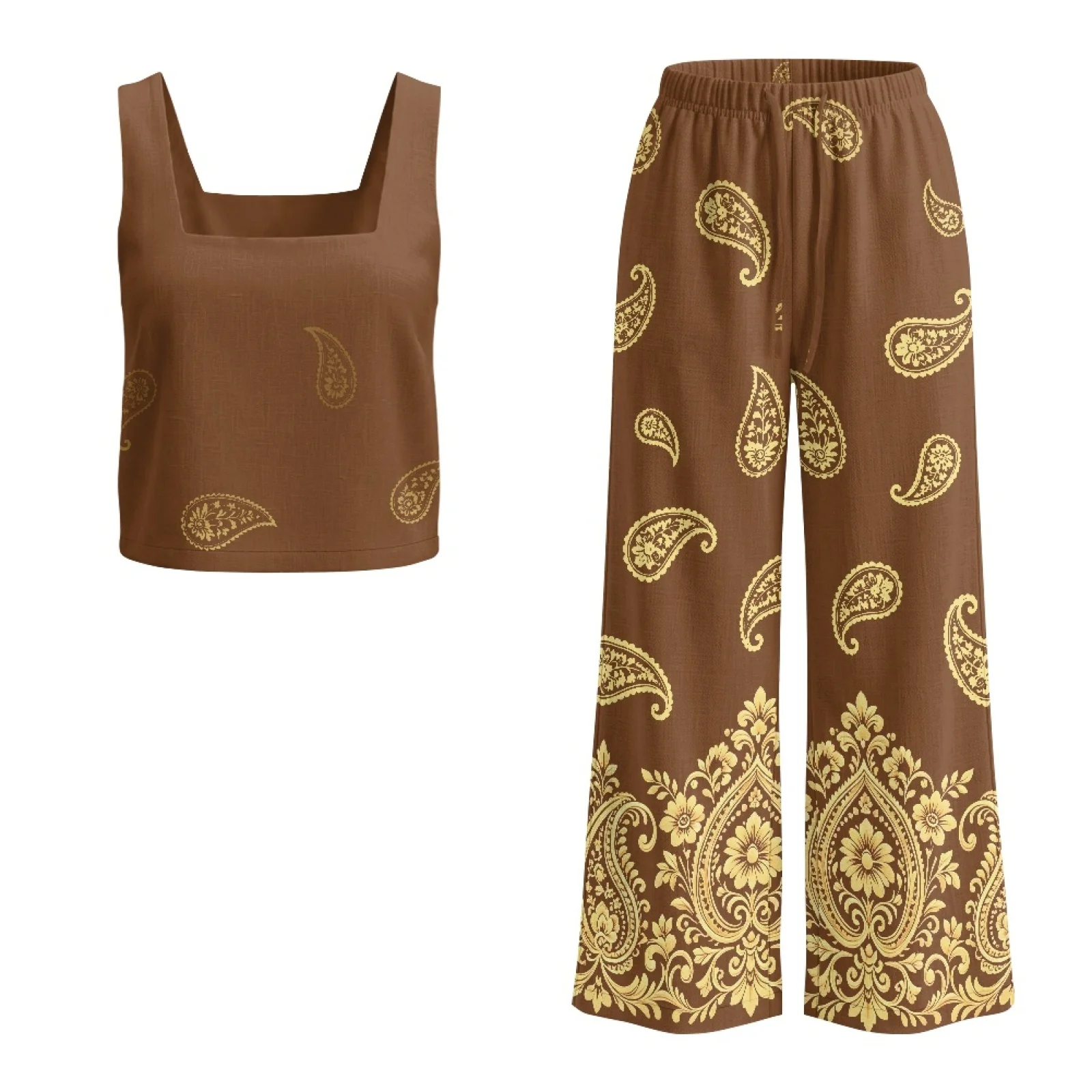 INSTANTARTS Women’s Linen Vest Set Women’s Wide-leg Trousers Lightweight Breathable Soft Comfortable Quick-dry Outfit Paisley view 5