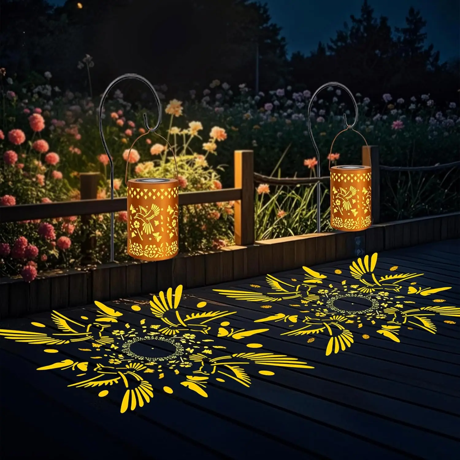 Linternas solares para decoración al aire libre, luces colgantes impermeables de colibrí para patio, patio, jardín, paquete de 2