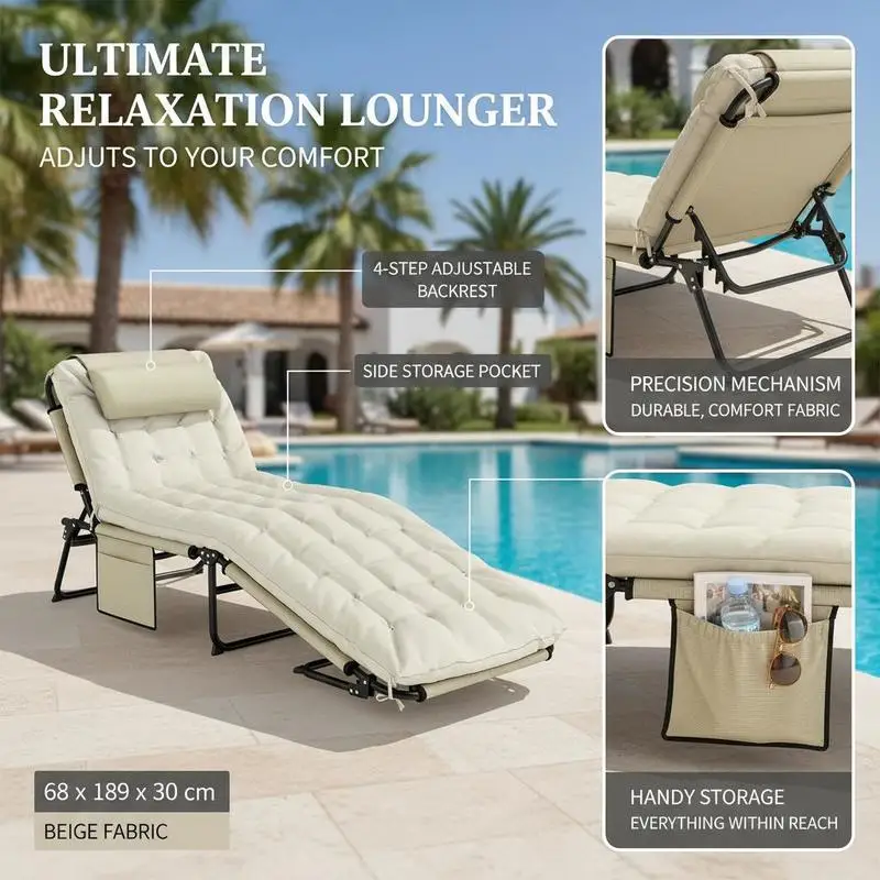 Folding Chaise Lounge Pool Chair with 4-level Reclining Back, Cushion, Side Pocket, Headrest, Beige