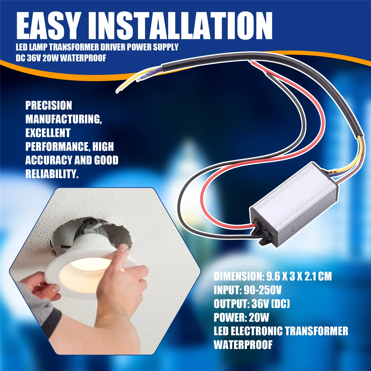 Fonte de alimentação do driver do transformador da lâmpada LED ABJS DC 36V 20W à prova d'água