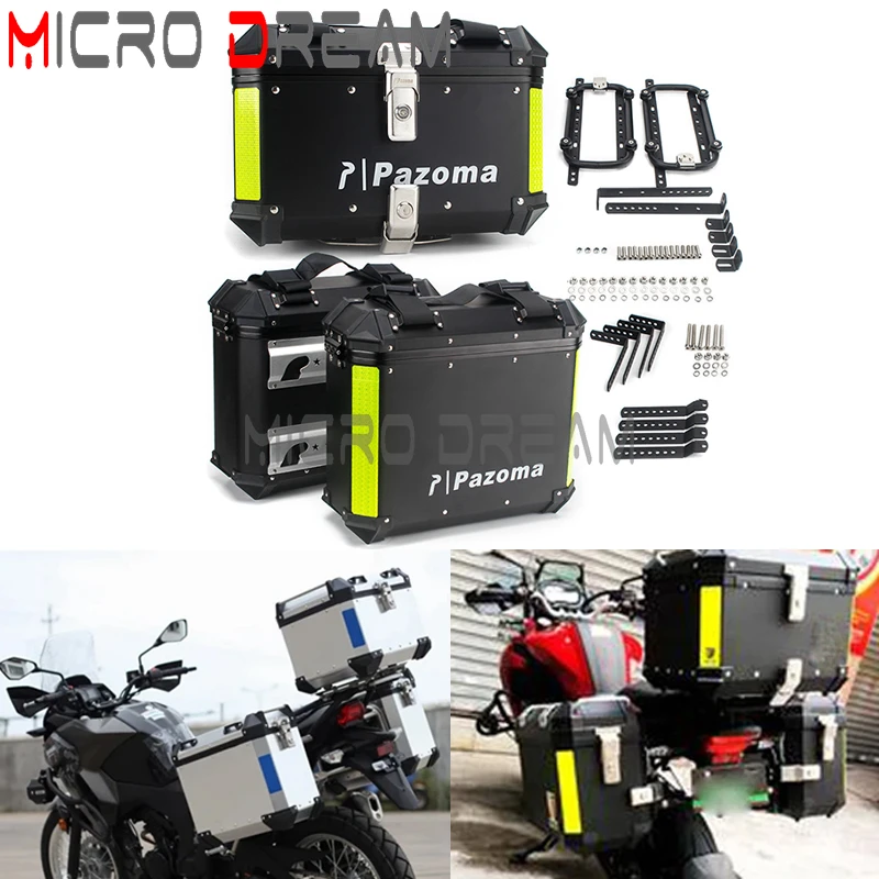 

Motorcycle Trunk Rear Luggage 2*36L Aluminum Side Panniers Trunk + 46L Top Case Box for Kawasaki Suzuki Honda Yamaha BMW Aprilia