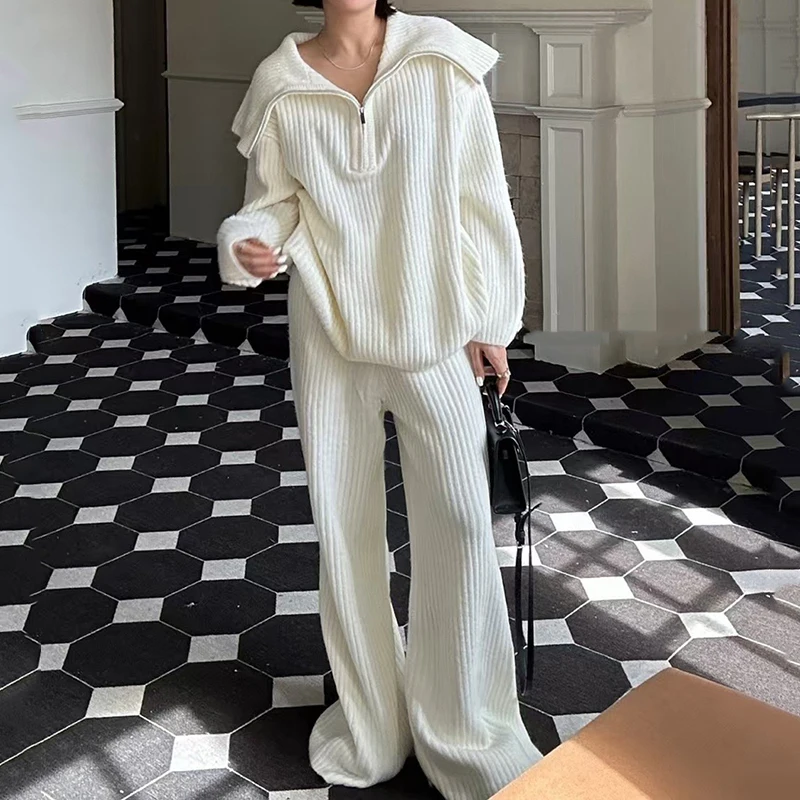 

Spring Autumn Soft Knitted Pants Suit Women Big Lapel Half-zip Pullover Sweater+high Waist Wide-leg Pants Female Two Piece Set