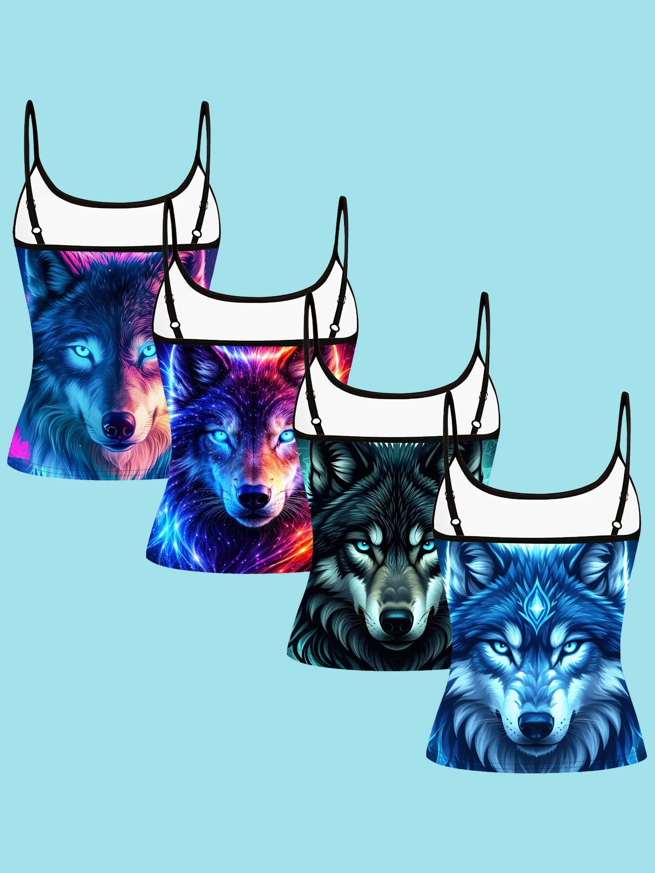 4-Piece Set of Women's Neon Starry Sky Wolf Head Print Spaghetti Strap Camisole Slim Fit Inner Layering Top
