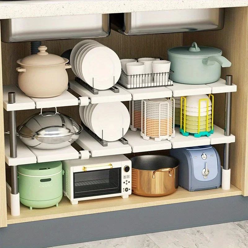 Kitchen Under Sink Adjustable Pot Rack Multifunctional Dish Pans Snacks Cookware Storage Rack Countertop Cabinet Storage Basket