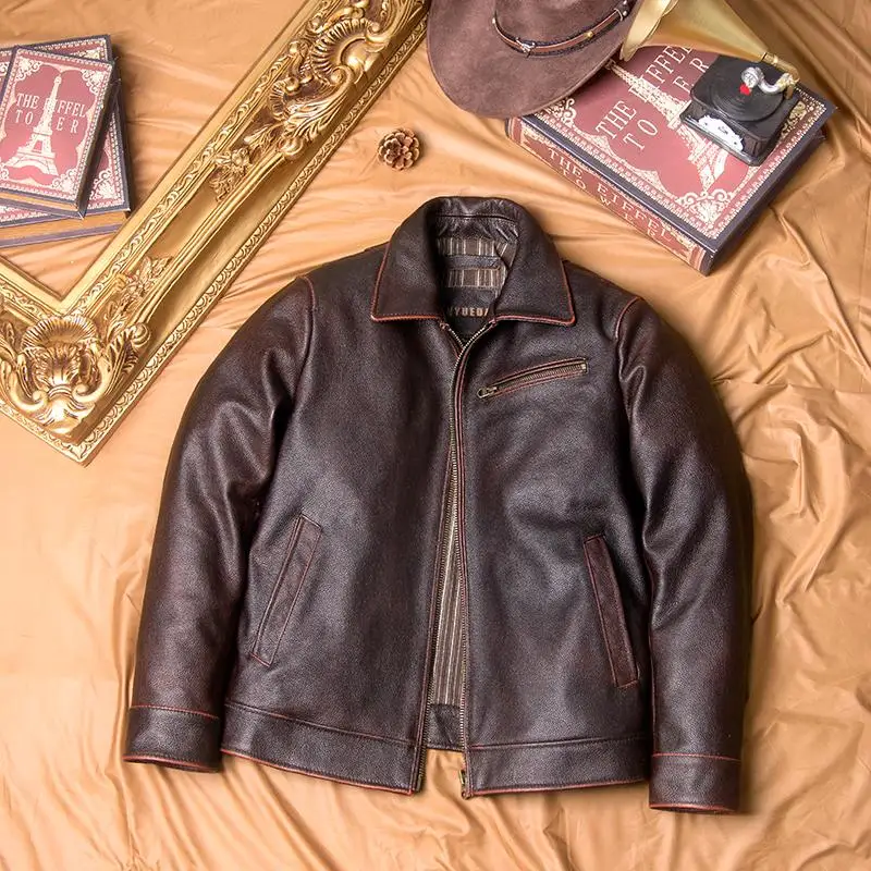Classic 1930 Genuine Leather Jacket Retro Tooling Cowhide Motorcycle Leather Jacket Old Short Leather Jacket for Men