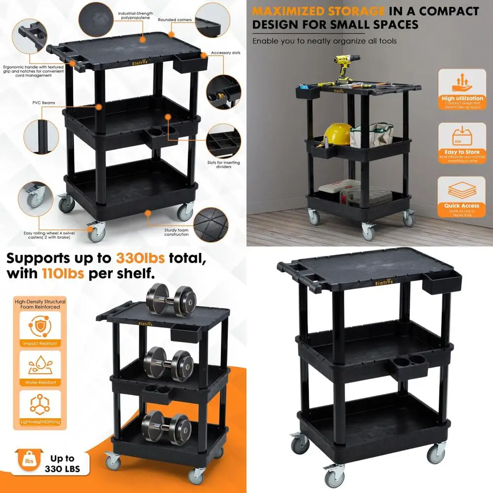

Sturdy 3-Tier Cart with Flat Top and Deep Shelves, 27.5 x 18.25, 4 Wheels, Heavy-Duty Plastic, 330 lbs Capacity for Various Spac