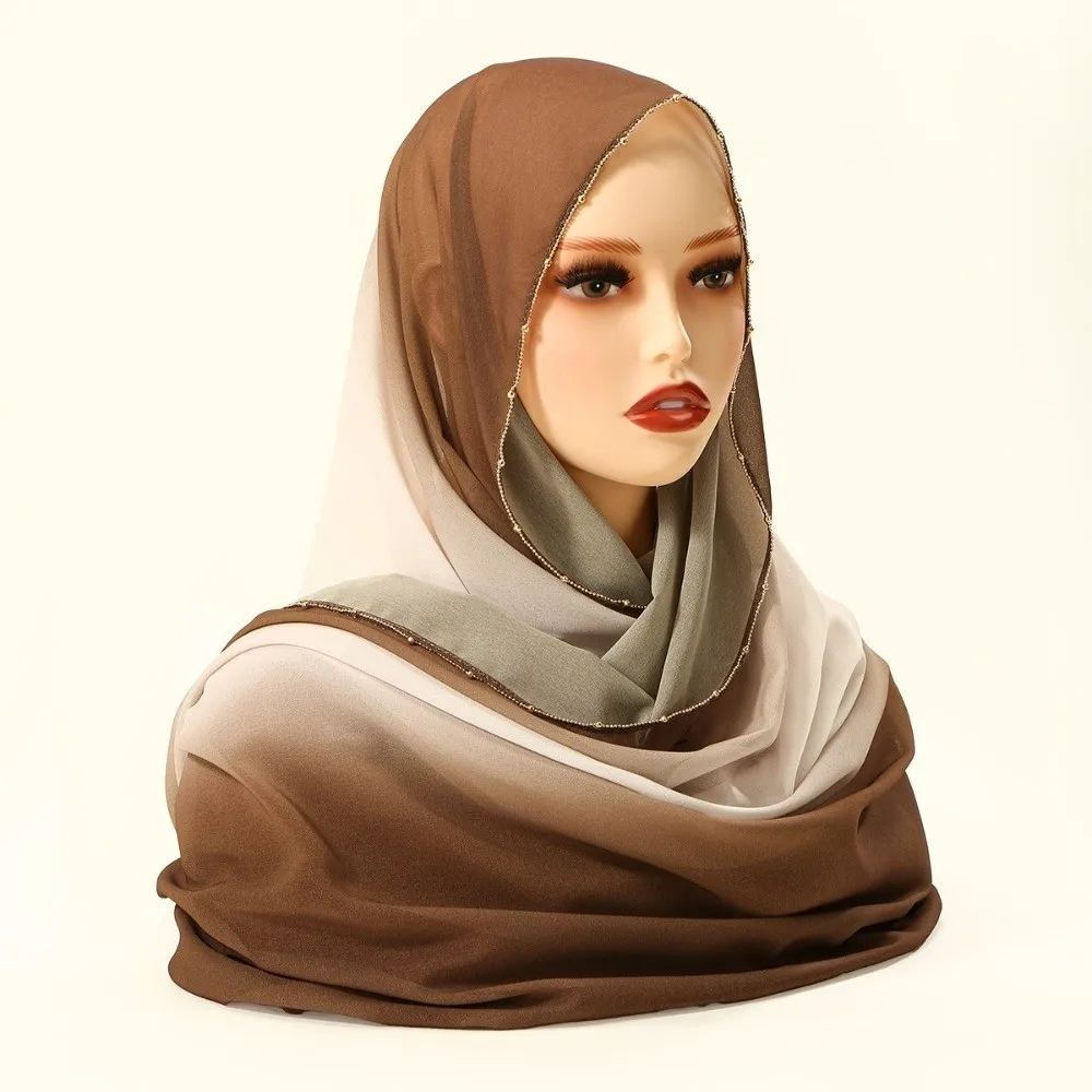 

Luxury Gradient Double Colors Ethnic Style Scarf Gold Bead Long Headscarf Bandana Beads Chain Wraps Shawl Daily