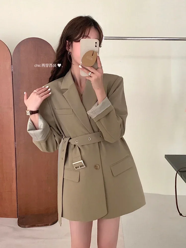 Korean Fashion Long Sleeve Blazer Women Spring 2023 New Elegant Single Breasted Blazer with Belt Office Ladies Streetwear Jacket