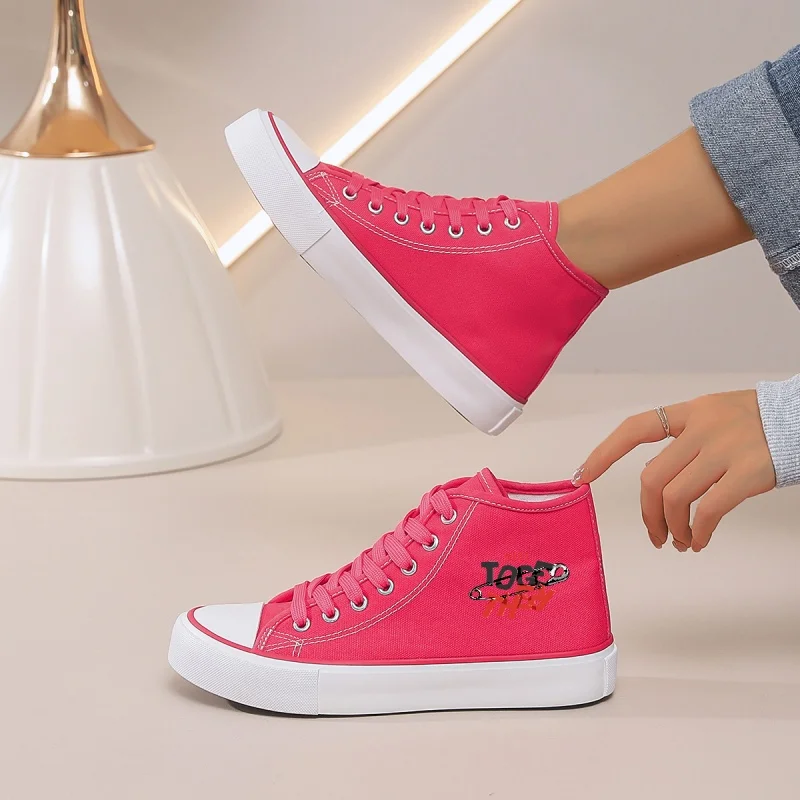 

Women's Rose Red High-Top Canvas Sneakers: Lace-Up with Playful Letter Print. Casual for Daily Wear, Pair with Jeans & Skirts.