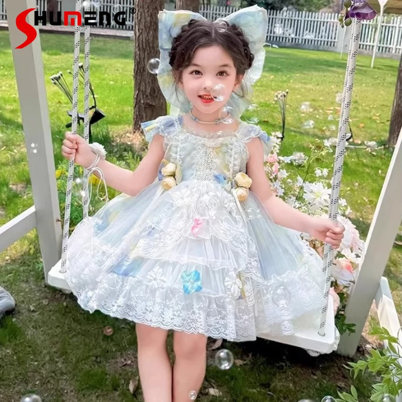 

Летнее платье в стиле Лолита для девочек, цветное, без рукавов, с цветочным узором, пышное, для детского дня рождения, милое короткое платье