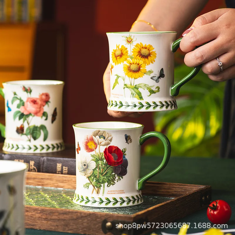 British Garden Style Ceramic Mug – Heat-Resistant Office Afternoon Tea Cup with Fresh Floral Pattern, Ideal for Home Coffee Use