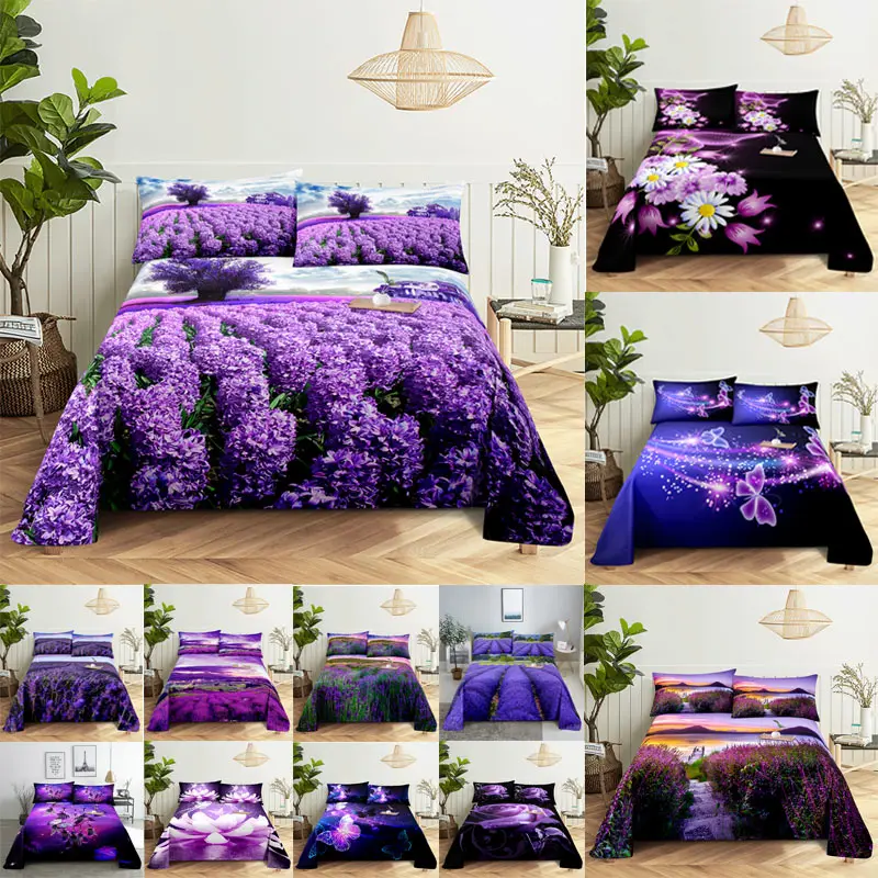 Purple Bedding Set Bed Sheet Linens Pillow Case Queen King Size Lanvender Butteryfly for Bedroom Soft Twin Full Single Double